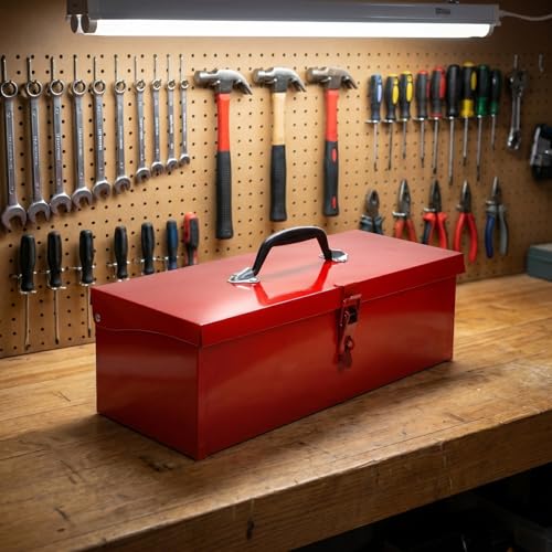 DOITOOL Red Metal Tool Box Iron Sheet Tool Box Metal Toolbox Red Tool Storage Case Lockable, Multi-function Tool Organizer, 15.3X6.2X5.1inch