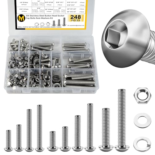 Mywish 20Set 1/4-20 Bolt Socket Cap Bolts, 1-3/4" Button Head & 248Pcs Nuts and Bolts Assortment Kit, 1/4-20, 5/16-18, 3/8-16 Bolt, 304 Stainless Steel Button Head Socket Cap Assorted Nuts and Bolts