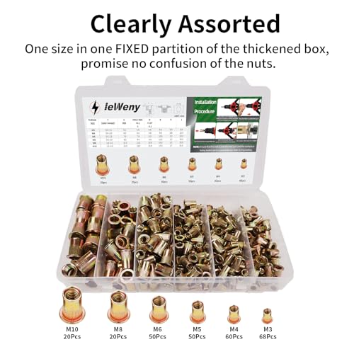 Metric Stainlesss Steel & Carbon Steel Rivet Nuts Assortment Kit, 6 Sizes and 504Pcs Rivnut Sets for Automotive and Sheet Metal