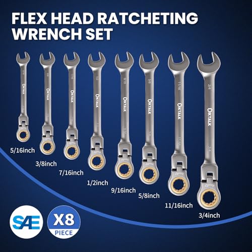8PCS Flex Head Ratcheting Wrench Set, SAE 1/4"-3/4", 72-Tooth CR-V Steel with Rolling Pouch for Automotive Repair & Mechanics
