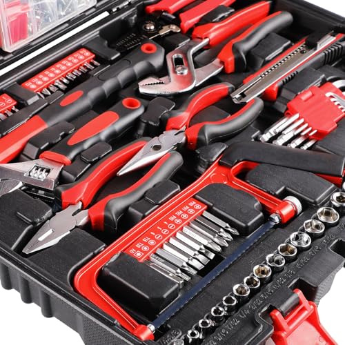TLGREEN Power Tool Organizer Wallt+198 Piece Tool Box, Tool Kit, Mechanics Tool Set, Portable Toolbox with Adjustable Wrench Pliers Socket Bits, with Plastic Toolbox, for House Apartment Garage (Red)