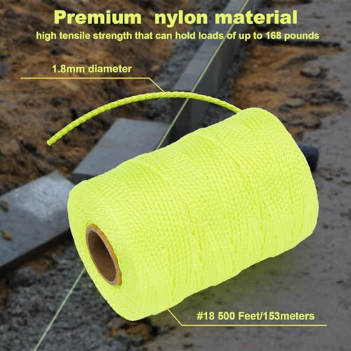 6 Roll Mason Line String Line - #18 Braided Nylon String - 500 Ft Length - Nylon with Reloadable Line Reel Twine for Gardening Or Masonry Tools - Perfect Construction String (Yellow) Yellow