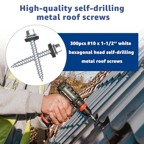 10 x 1-1/2 inch Metal Roofing Screws Hex Head Sheet Metal Roof Screw-300PCS #10 x 1-1/2 inch