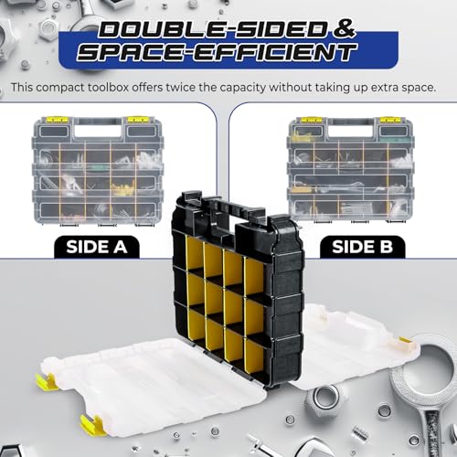 NATGAI 2 Pack Small Parts Organizers, 34-Compartments Double-Sided Tool Box with Removable Dividers for Hardware, Screws, Bolts, Nails & Fishing Accessories, Durable Plastic Storage Case (Yellow) Yellow