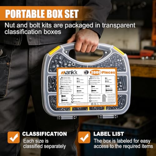 mankk 2000PCS Metric Screw Bolt Assortment Kit M2/M3/M4/M5/M6 Hex Socket Head Cap Bolts Nuts & Washers Set 12.9 Grade Alloy Steel Zinc Plated Metric Machine Screws Hex Socket Cap