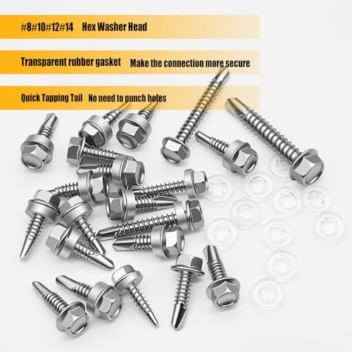 weideer 1000pcs Self Tapping Screws for Metal, #8#10#12#14,410 Stainless Steel Sheet Metal Screws Assortment Kit, Hex Washer Head Self Drilling Screw with Rubber Washer,Length 1/2" to 2'' SV 1000PCS #8#10#12#14 Kit