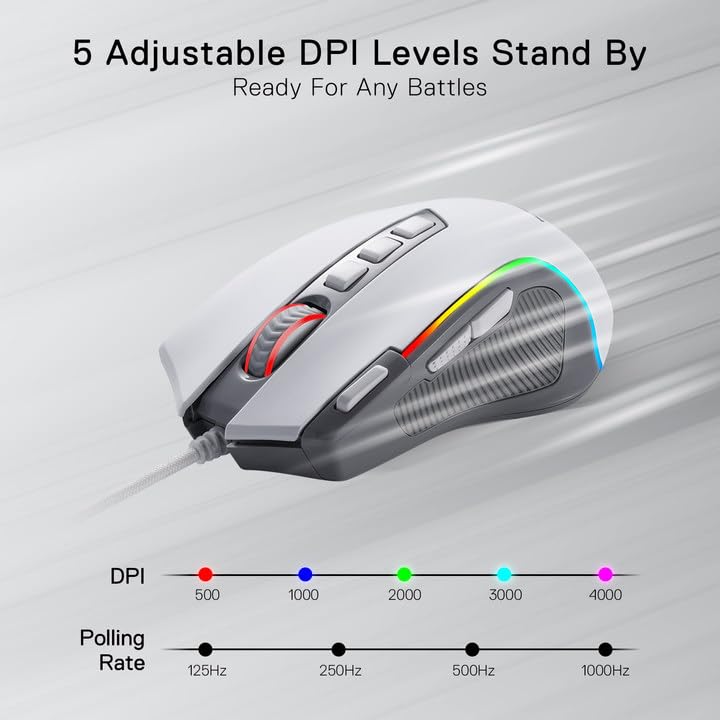 Redragon M612 RGB Gaming Mouse, 8000 DPI Wired Optical Gamer Mouse with 9 Programmable Buttons & 5 Backlit Modes, Software Supports DIY Keybinds Rapid Fire Button, Gray&White