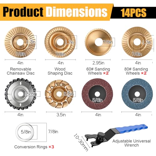 14PCS Wood Carving Disc Set for 4" or 4 1/2" Angle Grinder, Stump Tool Grinding Wheel Disc with 5/8" Adapter Ring & Wrench Wood Shaping for Cutting Carving Grinding Sanding Polishing