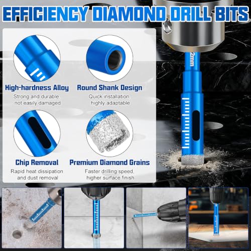 38 Pcs Diamond Drill Bits Set, Professional Concrete Drill Bit Set, Multiple Sizes Masonry Drill Bit Set, Industrial Strength Carbide Drill Bits Tip for Ceramic Glass Porcelain Tile Metal Plastic Wood 38 Pcs, Blue