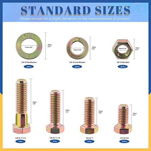 Glarks 112Pcs 3/8"-16 Grade 8 Coarse Thread Hex Bolt, Nut, Screw, Washer Assortment Kit, 4 Sizes (3/4", 1", 1-1/4", 1-1/2")
