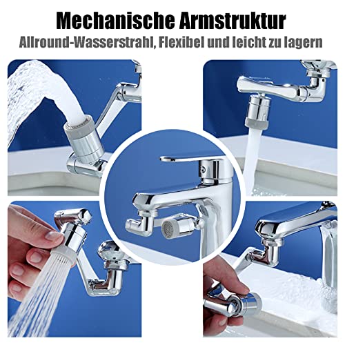 1080 Degree Rotating Multifunctional Extension Tap, Yrakozin Tap Attachment with 2-Way Adjustable Aerator for Kitchen Bathroom, 1440° Tap Extension with Aerators - Silver Messing + Silikon