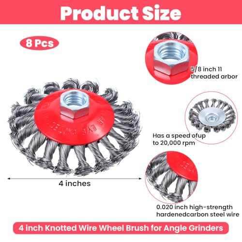 8 Pack 4 Inch Twist Knotted Wire Wheel Brush for Angle Grinder with 5/8 Inch-11 Threaded Arbor - 0.02 Inch Carbon Steel Wire for Heavy-Duty Conditioning