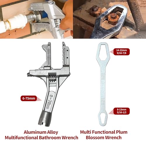 Basin Wrench Set, 6-Piece Sink Faucet Installation Tool Kit, 8-in-1 Adjustable Plumbing Spanner with Wide Jaw, 10-70mm Range