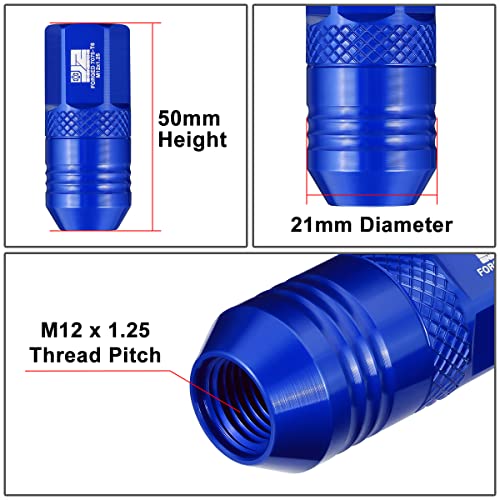 J2 Engineering J2-LN-T7-040-125-BL M12 x 1.25 T6-7075 Aluminum 50mm Open End Lug Nuts w/Deep Drive Extension Adapter,Blue,21mm x 50mm