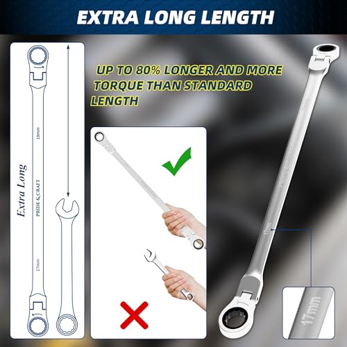 PRIDE&CRAFT 6-Piece Extra Long Flex Head Ratcheting Wrench Set - Metric Double Box End (8-19mm), CR-V Steel, 90-Tooth Ratchet Wrench for Automotive Repair, EVA Organizer