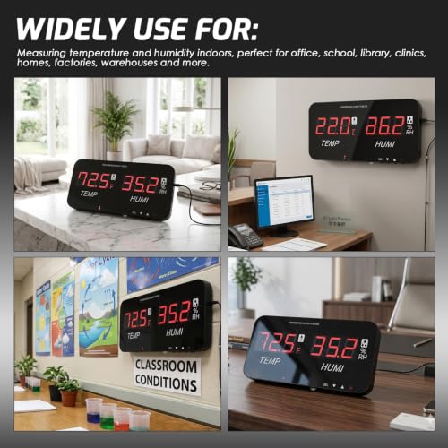 Digital Hygrometer Thermometer LED Display, -20~80°C / 0~100% RH, ±1°C Accuracy, Custom Alarms (6-120s), Table/Wall/Tripod Mount, Type-C, for Home, Office, Lab, Warehouse