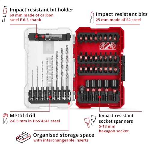 Original Einhell M-CASE 39-piece impact-resistant accessory set (25 mm bits, metal drill bits, 60 mm bit holder, socket spanner, countersink incl. storage box) 39-piece bit set 25 mm incl. metal drill bit