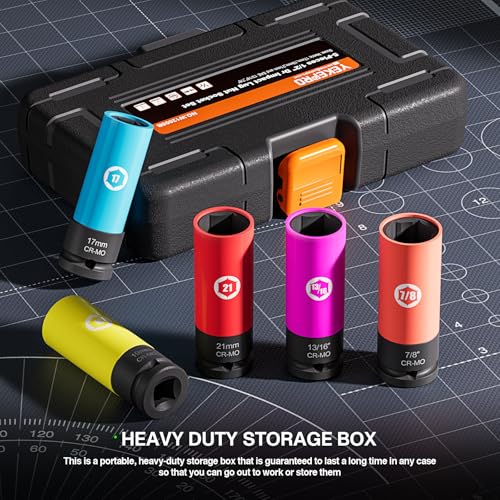 5PCS 1/2" Drive Impact Lug Nut Socket, Thin Wall Deep Socket Set Metric/SAE