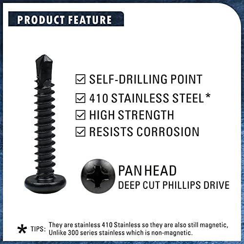 410 Stainless Steel #8 Self Drilling TEK Screw Assortment Kit, Pan Head Self Tapping Sheet Metal Screws, Length 1/2" 3/4" 1" 150 PCS - Black Oxide (Pack of 3) #8 Pan Head (Pack of 3)