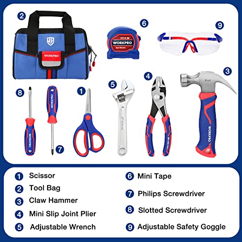 WORKPRO 9-Piece Kids Real Hand Tool Set, Blue