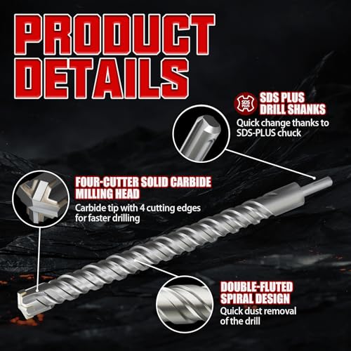 CSOOM SDS Plus Rotary Hammer Drill Bit 1-1/8"x18.11", Professional Concrete Drill Bit for Concrete, Brick, Stone and Cement Walls 1-1/8"x18.11"