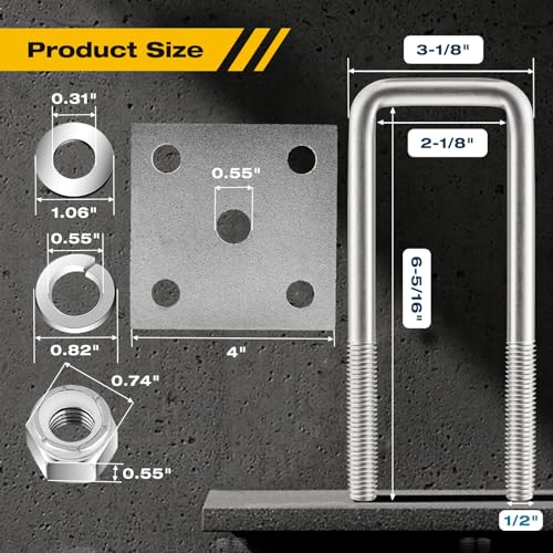 Stainless Steel Square U Bolt Kit for Boat Trailer Axle Leaf Springs, for 2x3 Axle - 6 5/16" Long,2 inch Wide Square U-Bolts with Nuts and Frame Plate for Trailer Automobiles Trailer.
