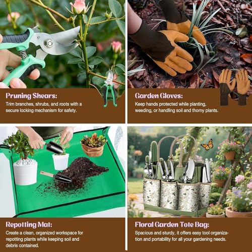 Gardening Hand Tools,14 Pieces Stainless Steel Heavy-Duty Gardening Hand Tools with Delicate Storage Bag, Aprons and Anti-Slip Rubber Gloves, Ideal Gardenings Gifts for Women