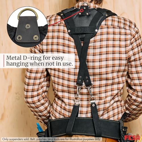 FESA Leather Tool Belt Suspenders for Men with Breathable Mesh Padding, Front Pockets & 4 Loops for Attachment to Work Belts Black
