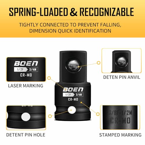 BOEN 10-Piece Impact Socket Adapter and Reducer Set, Standard SAE 1/4" 3/8" 1/2" 3/4", CR-MO Steel Driver & Wrench Conversion Kit Socket Reducer with 3/8" & 1/2" Universal Joint 10 Piece
