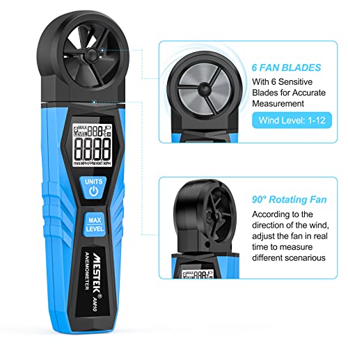 Wind Gauge Digital Anemometer MESTEK Wind Meter Handheld Wind Speed Air Temperature Max Wind Gauge Measure 1.1~30m/s Wind Speed for Windsurfing Kite Drone Flying Sailing Surfing HVAC CFM