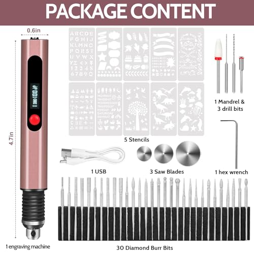Cordless Engraving Pen, 3-Speed Electric Engraving Tool Kit, Engrave 50+ Surfaces, with 30 Small Drill Bits, 8 Grinding Accessories and 10 Engraving Templates, USB for Soft Wood Resin Stone Jewelry