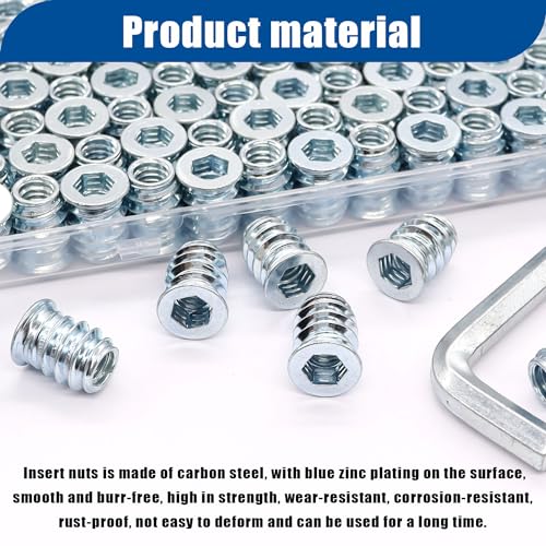 Taiss 60PCS 1/4"-20 Threaded Inserts for Wood,Hex Socket Drive Insert Nuts+30pcs 1/4-20 x 3/4" Flat Head Socket Head Screw+170PCS Threaded Inserts Nuts