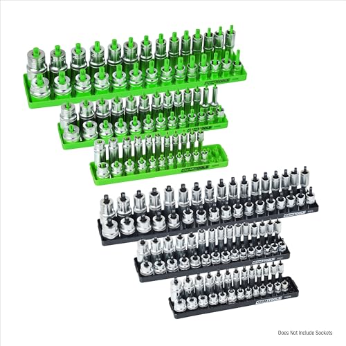 OEMTOOLS 22233 6-Pc SAE & Metric Socket Tray Set for Sizes 1/4", 3/8”, 1/2" Black/Green