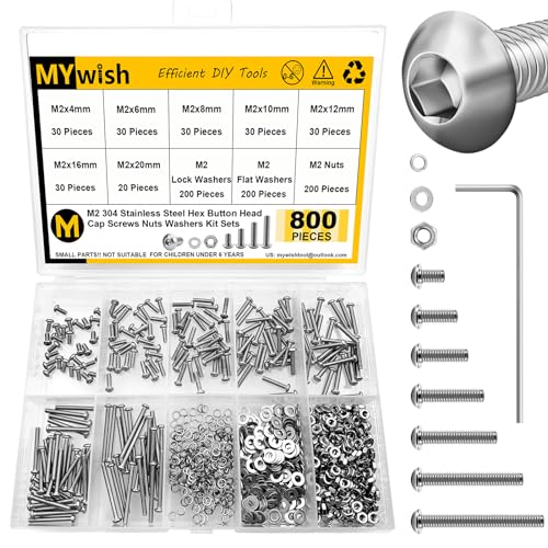 Mywish 800Pcs Button Head Socket Cap M2 Metric Screws Assortment Kit & Mywish 900Pcs Socket Hex M3 M4 M5 M6 Metric Screws Nuts and Bolts Assortment, with Flat & Spring Lock Washers/Nuts/Hex Wrenches