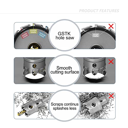 GSTK Upgrade Heavy Duty Carbide TCT Carbide Hole Saw Kit 10Pcs for Hard Metal, with 2*Extra Titanium Plated Pilot Center Drill and 2*L-Wrench 8-piece aluminum box set