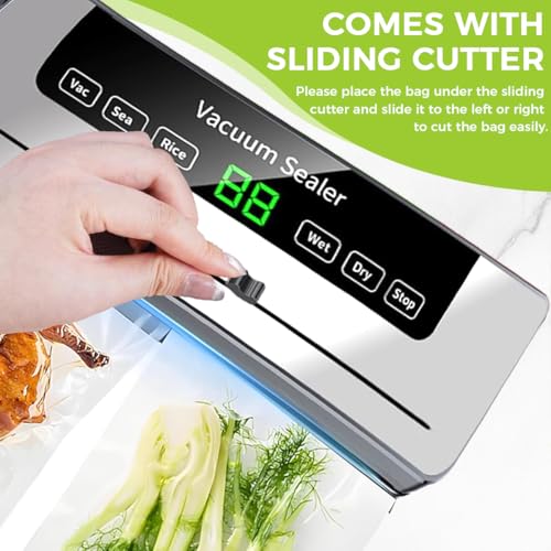 6-in-1 Multi-functional Food Vacuum Sealer Machine with Built-In Cutter, LED Digital Display, 50 Vacuum Bags for Preserving Meat, Vegetables, Snacks, Fruits, Grains