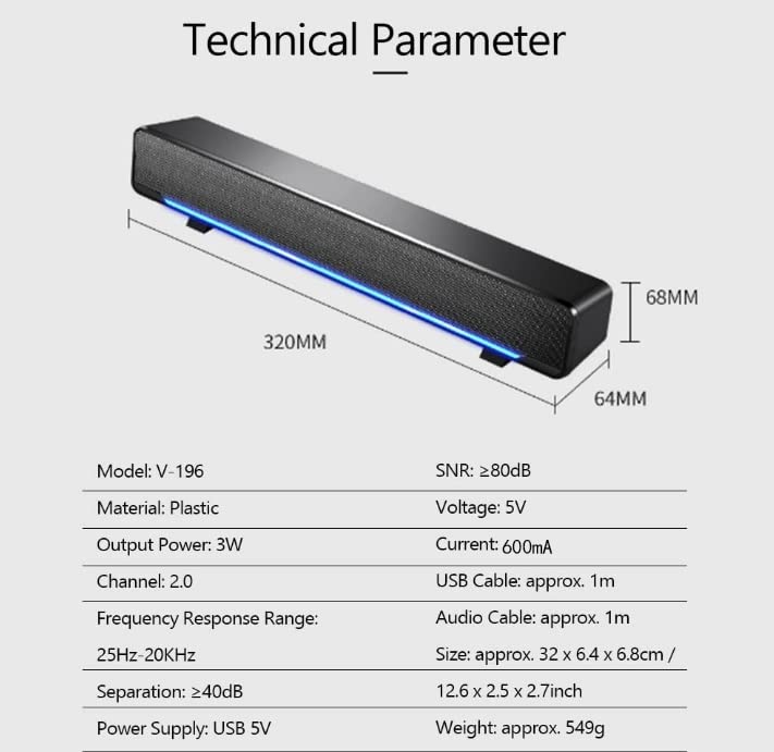 Wendry Computer Speakers,3.5mm Computer Sound Bass Surround Sound Box,USB Powered Portable Soundbar with 3D Stereo Sound and LED Breathing Light