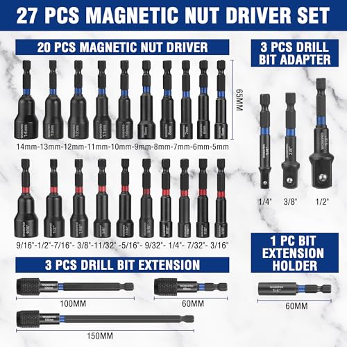 WORKPRO 27 PCS Magnetic Nut Driver Set with Quick-Release Extensions 27PCS Magnetic Nut Driver Set