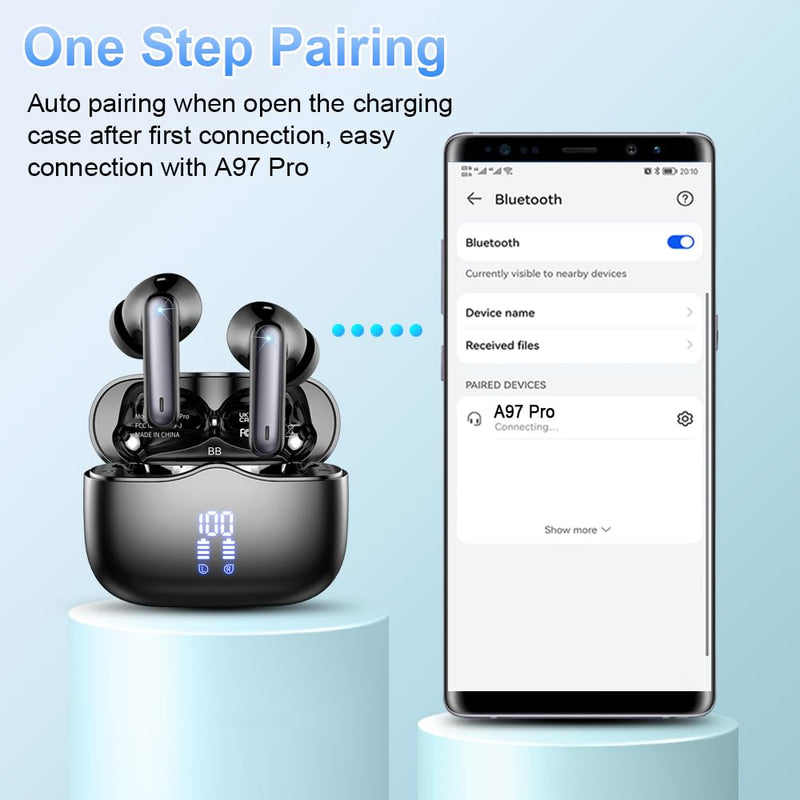 Wireless Earbuds, Bluetooth 5.3 Headphones in Ear with 4 ENC Noise Cancelling Mic, HiFi Stereo Deep Bass Wireless Earphones 40H Playtime, in-Ear Earbud Bluetooth Dual LED Display IP7 Waterproof, USB-C Black