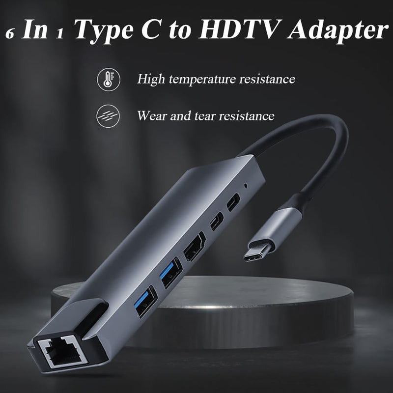 6 in 1 Type C to HDTV Adapter, USB C Hub with LAN Port, 4K HDMI Output USB C Adapter Compatible with MacBook Series, Chromebook, Laptop, Mouse, Keyboard, Flash Drive, Hard Disk