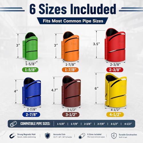 6-Pack Metal Pipe Cutting Guide Kit - Suitable Pipe Diameters 1-5/8", 1-7/8", 2-3/8", 2-7/8", 3-1/2", 4-1/2" | Markable 22.5°, 45°, 90° | Cross & Saddle Cuts | Anti-Shift Magnetic Liner 6-pack