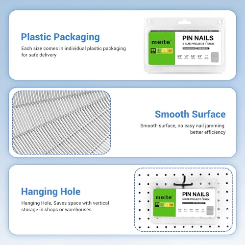 meite 1-3/8" Galvanized 23 Gauge Pin Nails - 10000 Counts and Assorted 5 Sizes (3/8", 1/2", 5/8", 3/4", 1") Galvanized Pin Nails - 10000 Counts