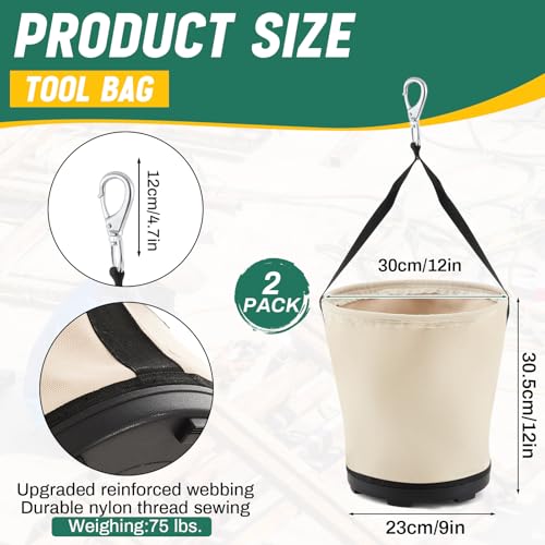 2 Pcs Heavy Duty Tool Canvas Bucket 12 x 12 x 9 Inches Tapered Wall Bucket Bag Plastic Bottom Universal High Weight Load Tool Bag, Load Capacity up to 100 Lbs, 16 oz Canvas 2