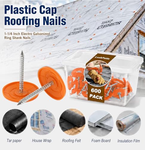 Plastic Cap Nails 1 1/4 Galvanized Nails for Roofing Felt Tar Paper 600 Ct Orange 600