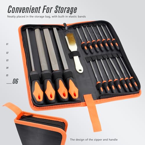 19Pcs Hand Metal File Set 4Pcs Flat/Triangle/Half-Round/Round T12 Carbon Steel Files with 14pcs Needle Files, 1 Steel Brush for Shaping Metal Wood Model and Tools