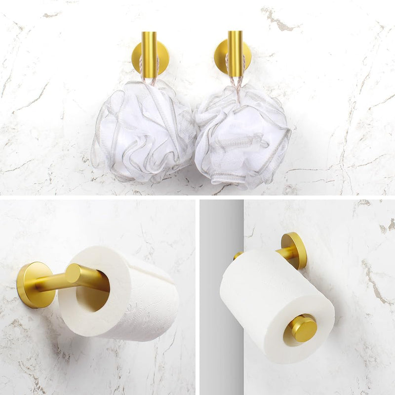 3-Pieces Bathroom Hardware Set Gold Stainless Steel Wall Mounted - Includes Toilet Paper Holder, 2X Robe Towel Hooks
