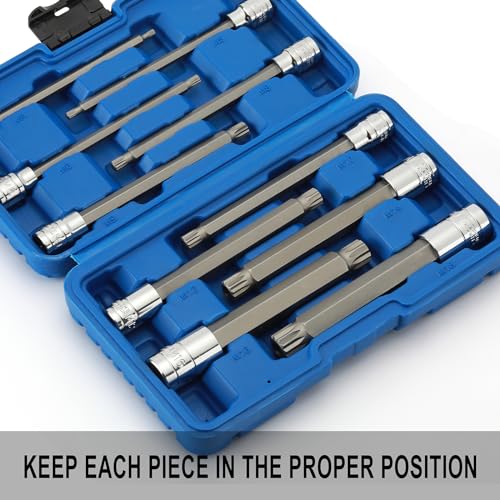 EMENTOL XZN Triple Square Spline Bit Socket Set, Extra Long 5.9-Inch, 10 Pieces 3/8" and 1/2" Drive M4 - M16, MT14 - MT18, CR-V and S2 Steel