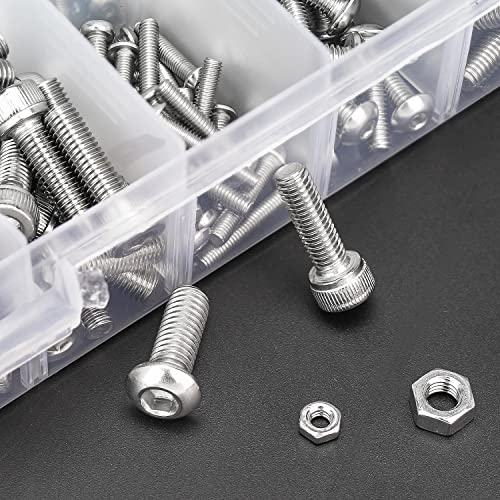 HELIFOUNER 680 Pieces M3 M4 M5 M6 Hex Button Head and Socket Head Metric Screws and Nuts Assortment Kit, 304 Stainless Steel
