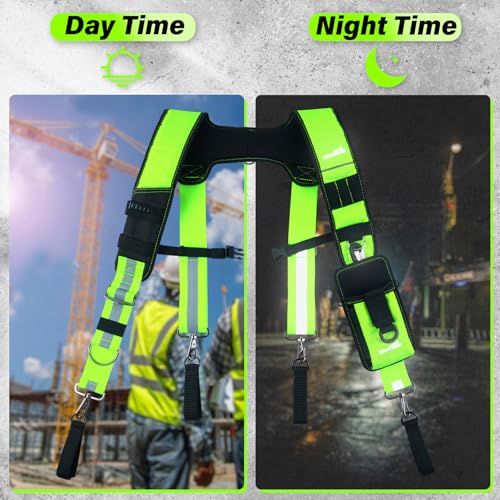 MELOTOUGH Reflective Safety Tool Belt Suspenders Construction Bag Suspenders, Tool Belt Pouches with Detachable Hammer Holster for Electrician, Carpenter, Construction