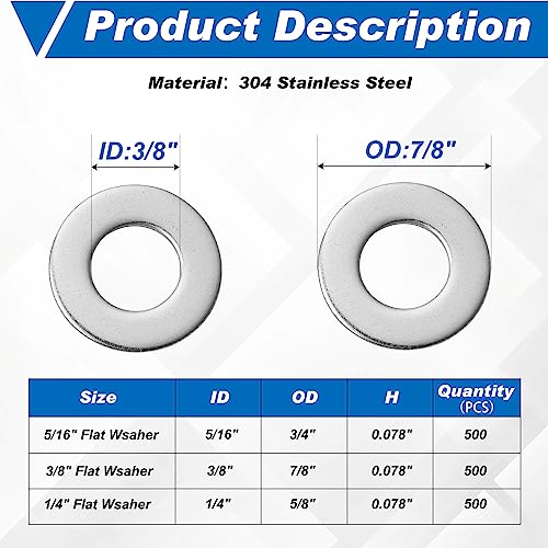 Hotop 500 Pcs Stainless Flat Washer 3/8" ID, 7/8" OD Fender Washers 304 Stainless Steel Washers for Factories Repair, Kitchens, Shops, and Outdoor Construction